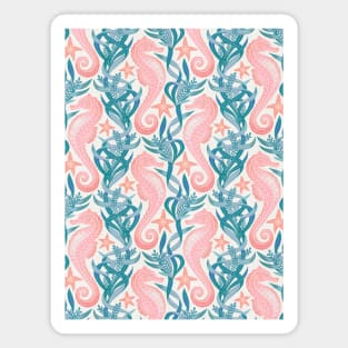 Pastel Pink Seahorse and Starfish with Blue Seaweed Pattern Magnet